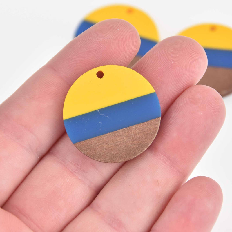 1 Resin and Wood Charm, Blue Yellow, Round Disc, 28mm, chs7410