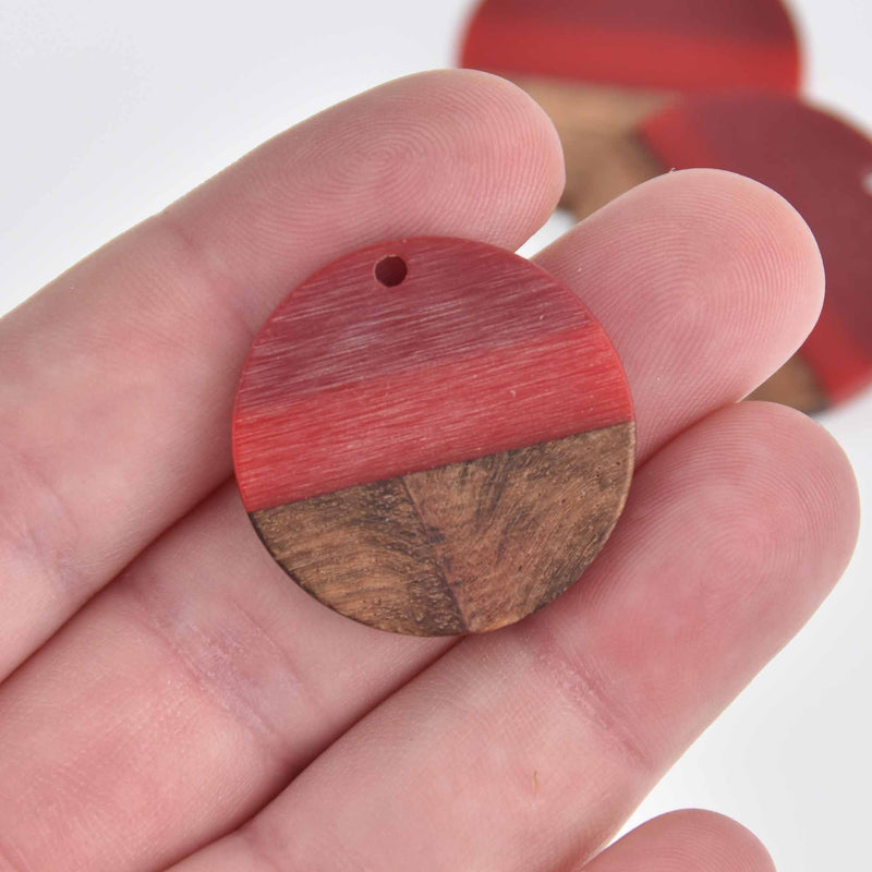 1 Resin and Wood Charm, Red, Round Disc, 28mm, chs7411