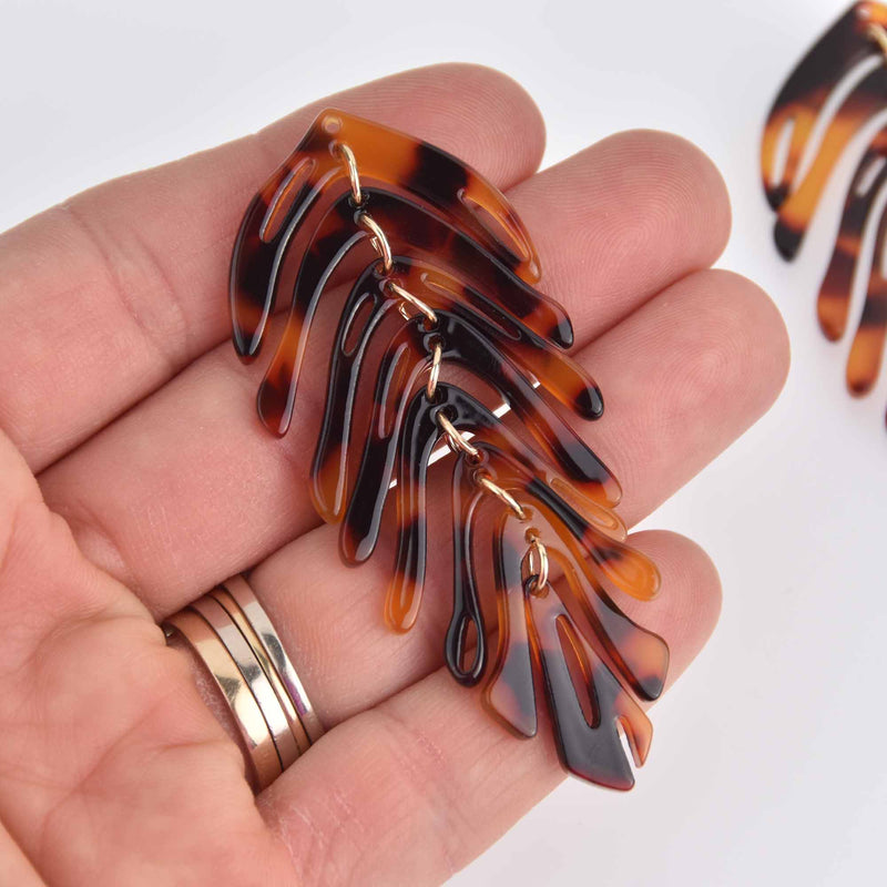 2 Acrylic Leaf Charms, Tortoiseshell Amber, moveable segments, 2.75" long, chs7412
