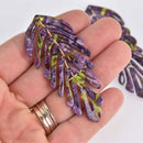 2 Acrylic Leaf Charms, Purple and Green, moveable segments, 2.75" long, chs7414