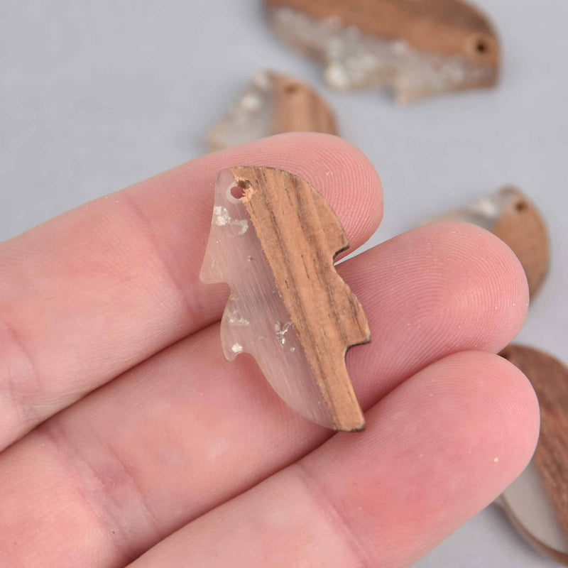 2 Leaf Charms, Silver Flakes in Resin and Real Wood, 1-1/4" long, chs7420