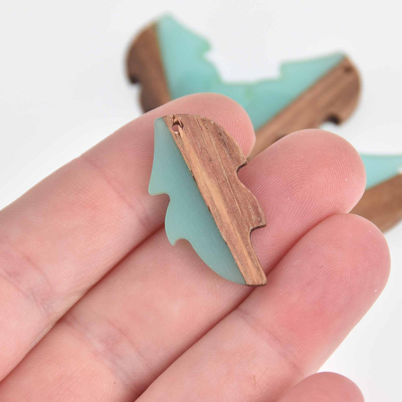 2 Leaf Charms, Turquoise Blue Resin and Real Wood, 1-1/4" long, chs7424