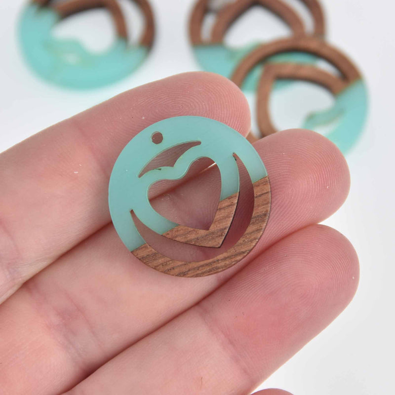 2 Heart Charms, Mint Blue Resin and Real Wood, 1", chs7429
