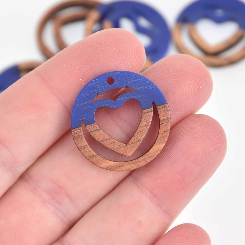 2 Heart Charms, Royal Blue Resin and Real Wood, 1", chs7430