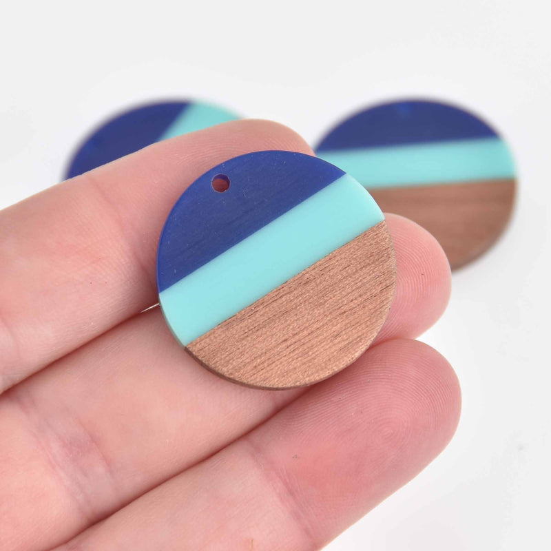 1 Resin and Wood Charm, Turquoise and Blue, Round Disc, 28mm, chs7431