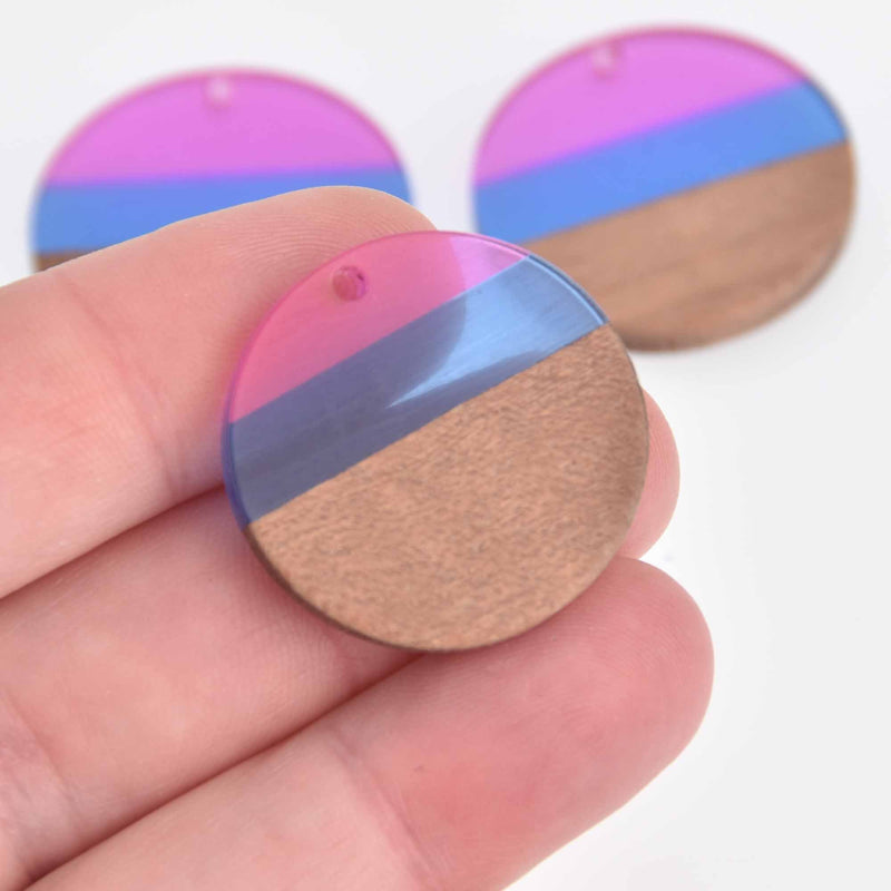 1 Resin and Wood Charm, Pink and Blue, Round Disc, 28mm, chs7432