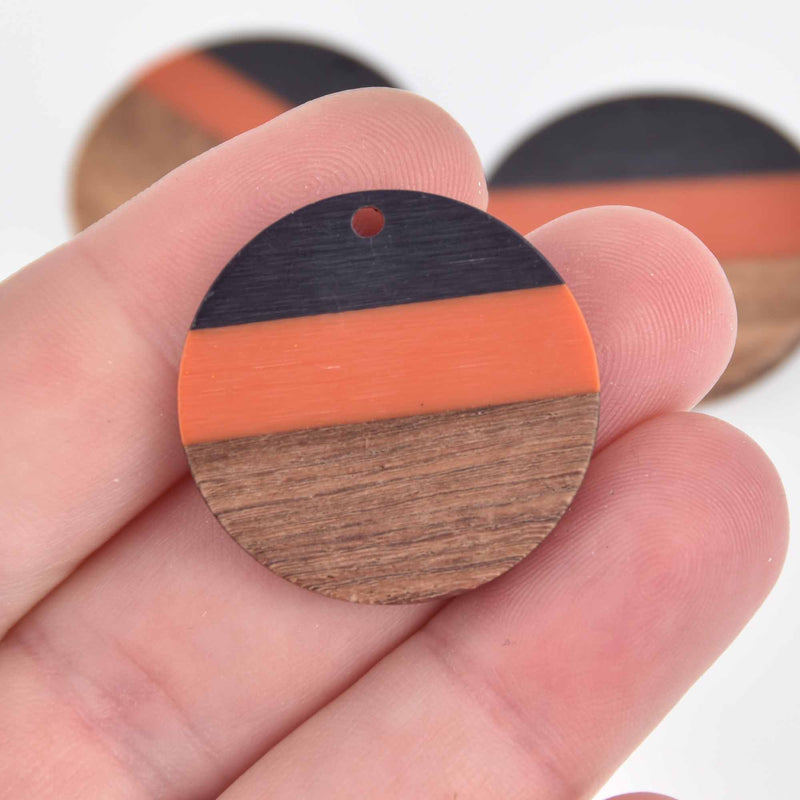 1 Resin and Wood Charm, Orange and Black, Round Disc, 28mm, chs7433