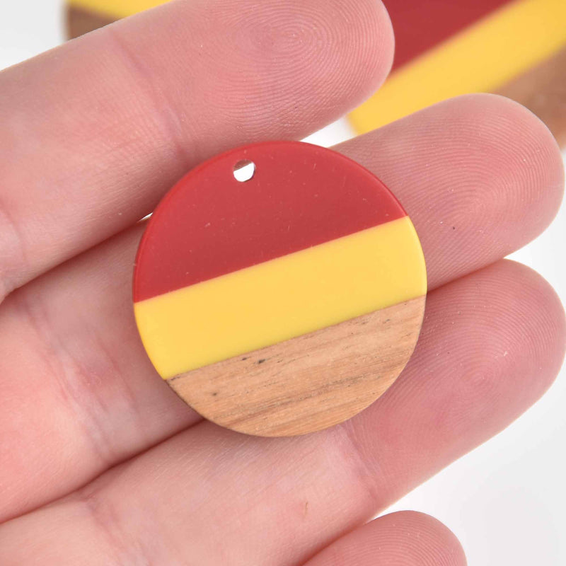 1 Resin and Wood Charm, Yellow and Red, Round Disc, 28mm, chs7435