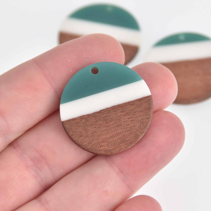 1 Resin and Wood Charm, Forest Green and White, Round Disc, 28mm, chs7436