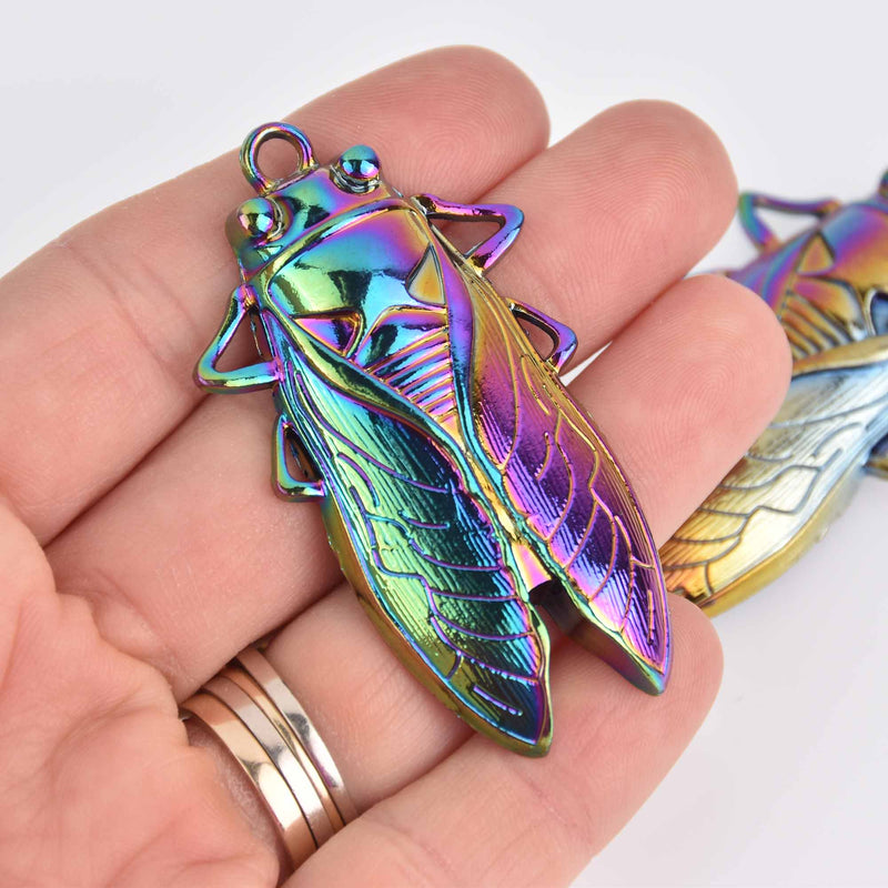 2 Cicada Insect Charms, Rainbow Plated Bug Charms, 62mm chs7439