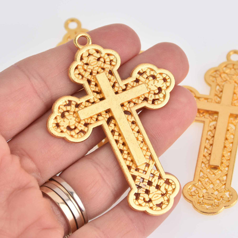 2 Large Gold Cross Charms, Filigree, 2.75" long, chs7442