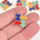 5 Autism Awareness Puzzle Charms, Enamel, Gold Plated, 24mm, chs7443