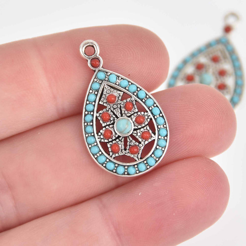 5 Teardrop Charms, Blue and Red Enamel with Silver Metal, 29mm, chs7446