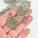 4 Bronze Filigree Connector Charms, Green Verdigris Patina, 1.75" long, chs7447