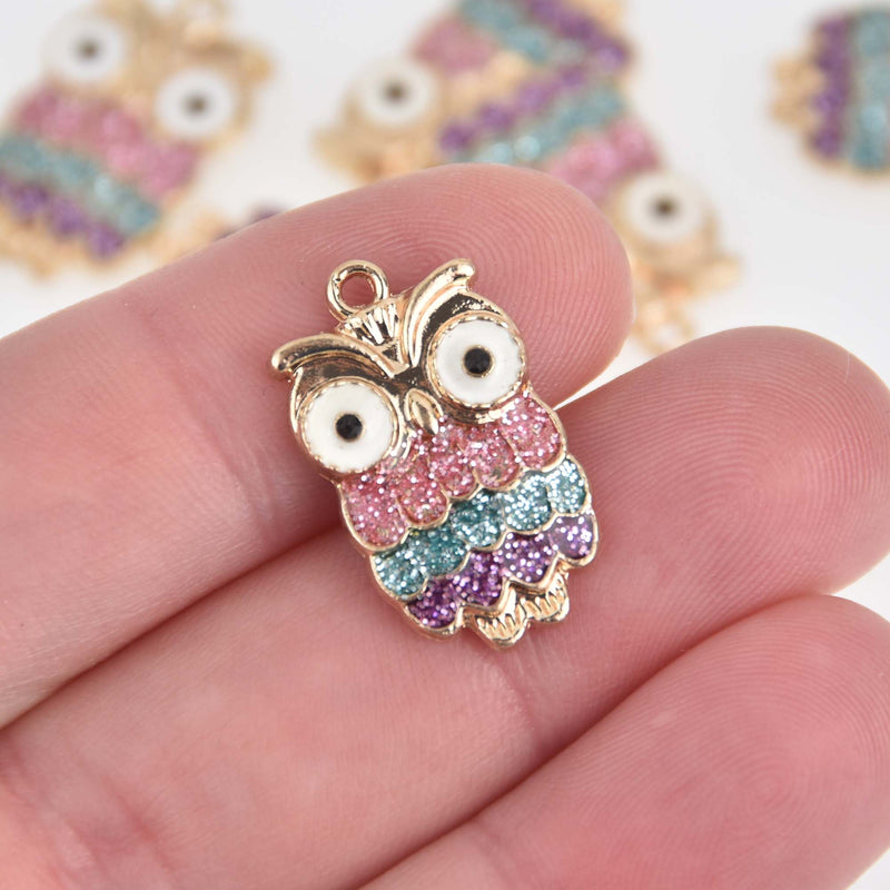 5 Enamel Owl Charms Gold with Glitter chs7455