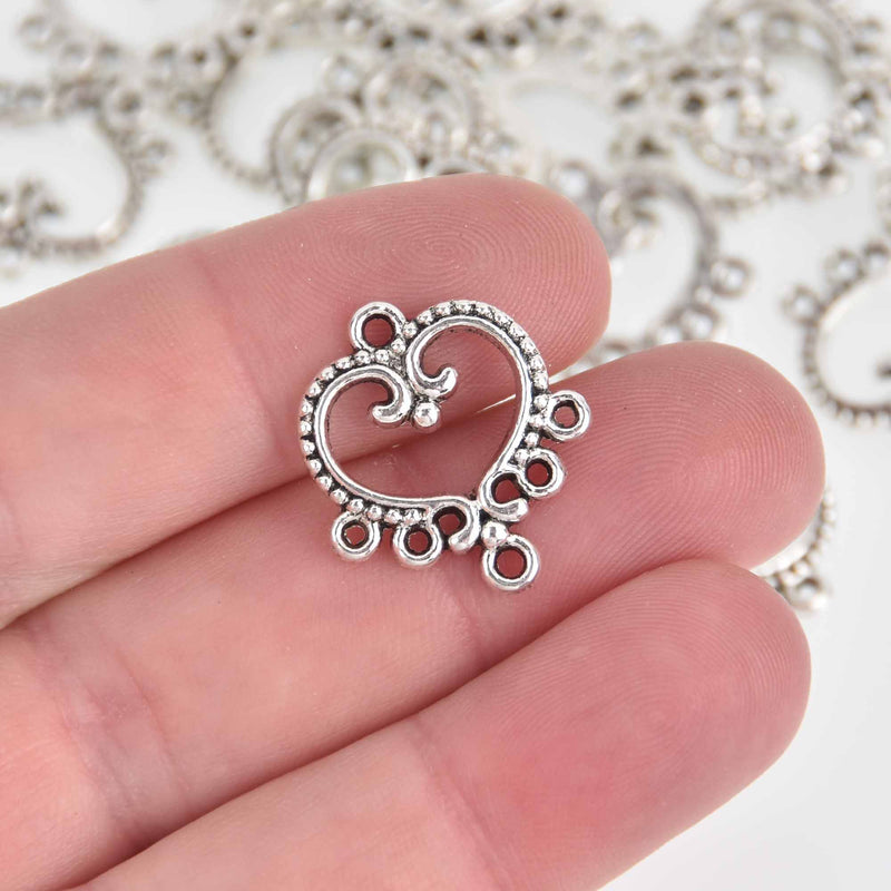 10 Chandelier Charms, Heart, Silver Metal, connector link, chs7457