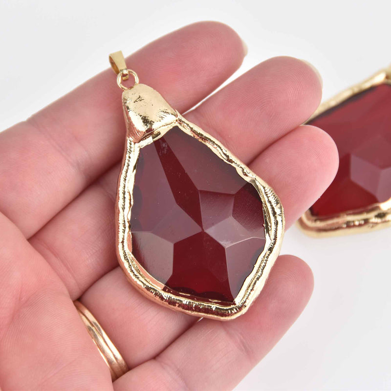 1 Crystal Teardrop Drop Pendant, Red Glass, Faceted, Gold Bail, 2-1/4" long, chs7479