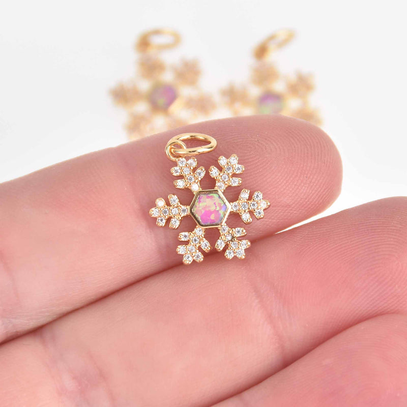 Gold SNOWFLAKE Charm, Micro pave faux pink opal and CZ cubic zirconia, 13mm, chs7481