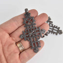 2 Large Gunmetal Cross Pendants Greek Filigree 3" chs7484