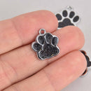 6 Black Paw Print Charms, Glitter Enamel with Silver, 16mm, chs7487