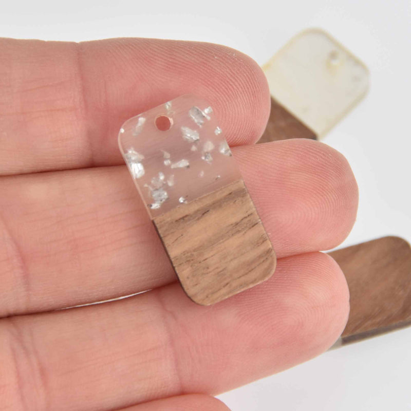 2 Stick Charms, Silver Flakes in Clear Resin and Real Wood, 27mm long, chs7488