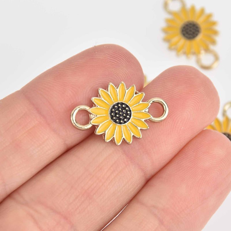 5 Yellow Sunflower Charms, Gold Plated Enamel, chs7490