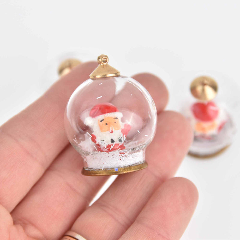 1 Glass Snow Globe Christmas Charm,, Santa with Glitter, 27mm chs7492