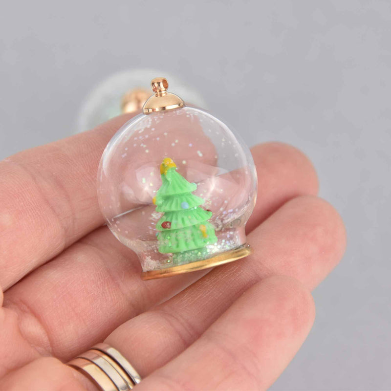 1 Glass Snow Globe Christmas Charm, Tree with Glitter, 27mm chs7493
