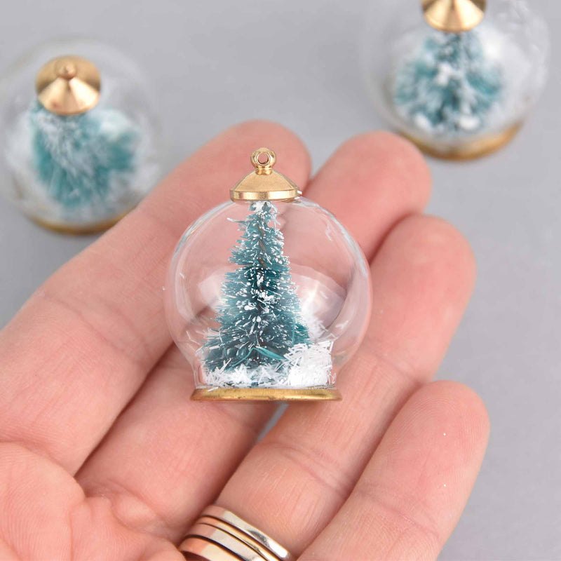 1 Glass Snow Globe Christmas Charm, Dark Green Tree with Glitter, 27mm chs7494