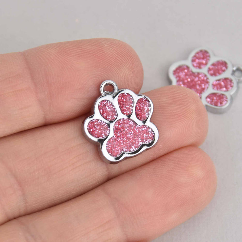 6 Light Pink Paw Print Charms, Glitter Enamel with Silver, 16mm, chs7500