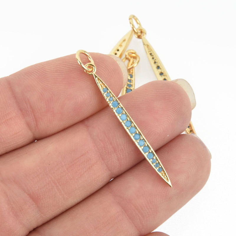 1 Gold Spike Charm Pendant, Blue Micro Pave Cubic Zirconia Crystals, 1-3/8", chs7501