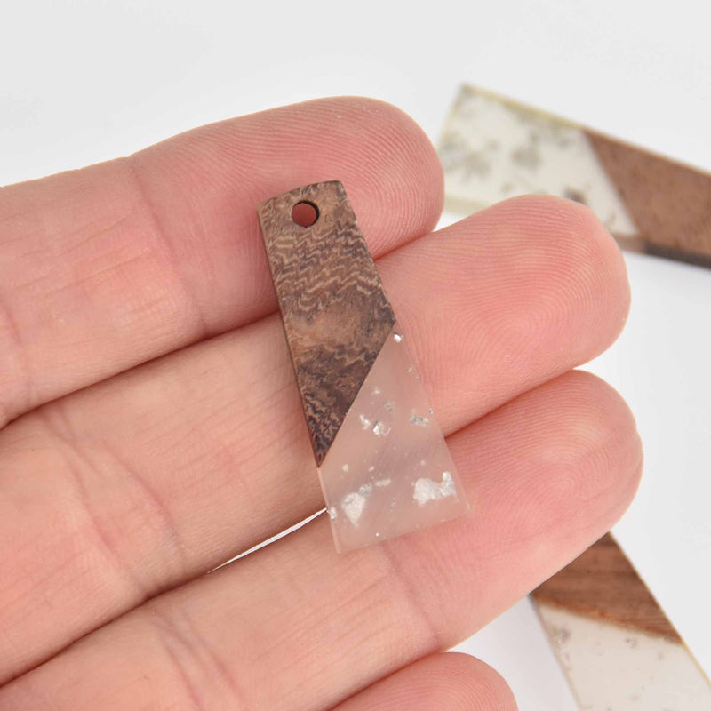 2 Colorblock Charms, Silver Flakes with Resin and Real Wood Trapezoid, 30mm long, chs7502