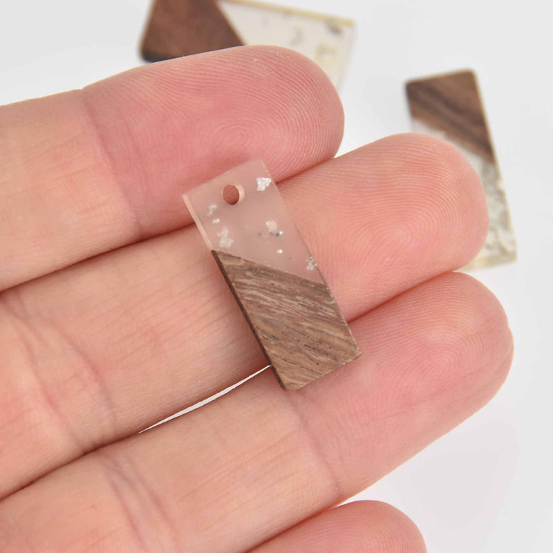 2 Stick Charms, Silver Glitter Resin and Real Wood, 23mm long, chs7504