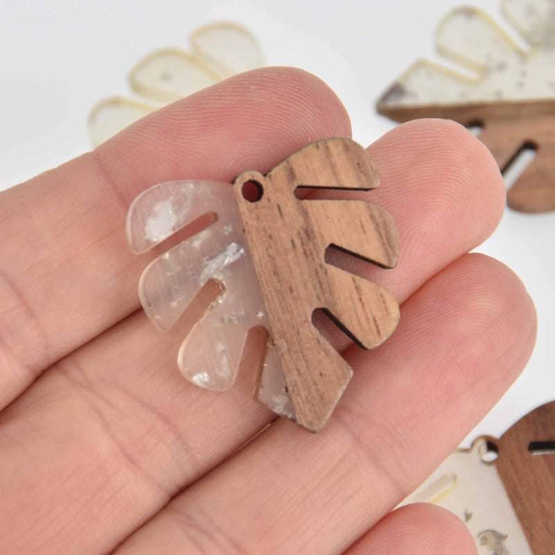 1 Monstera Leaf Charm, Silver Flakes with Resin and Real Wood, 1-1/8" long, chs7505