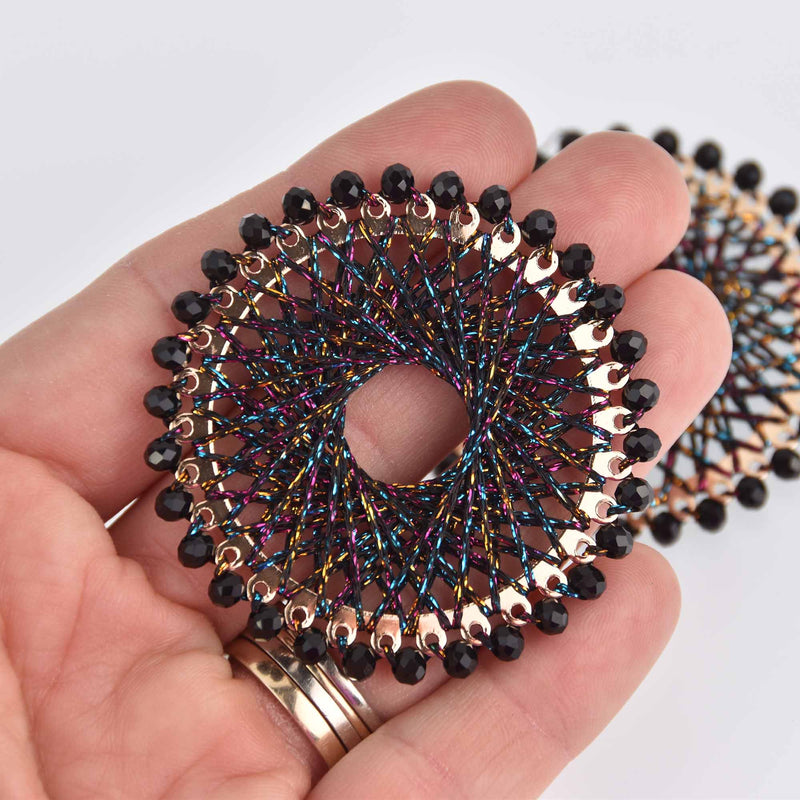 2 Crystal Round Charms, Black Sparkle String, Gold Plated Base, Woven with Beads, 55mm, chs7507