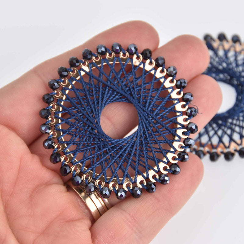 2 Crystal Round Charms, Navy Blue and Gold, Woven with Beads, 55mm, chs7509