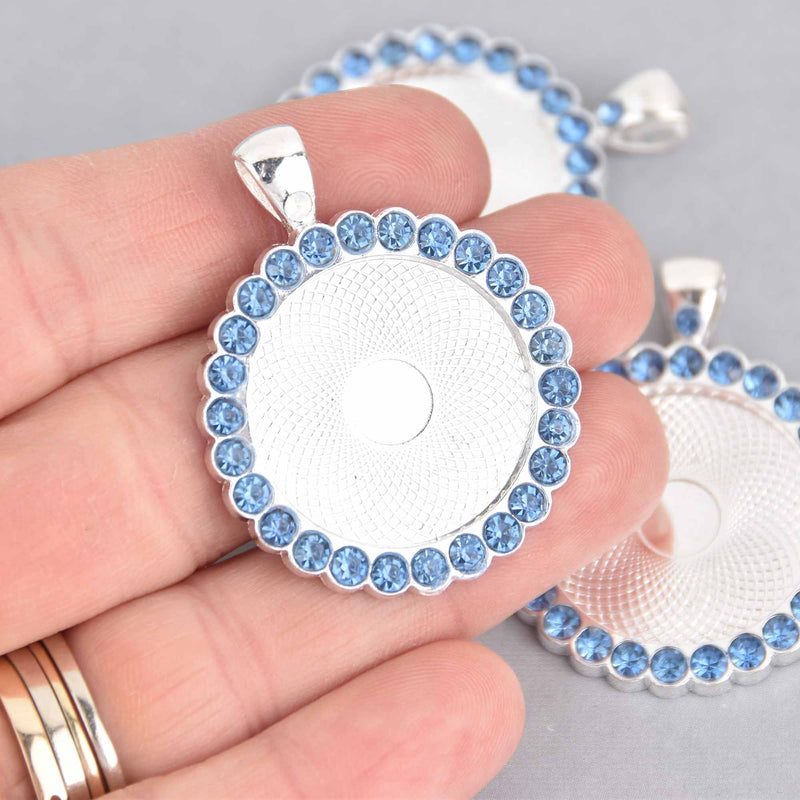 2 Crystal Bezel Charms, silver with blue rhinestones, fits 25mm round cabochons, chs7513