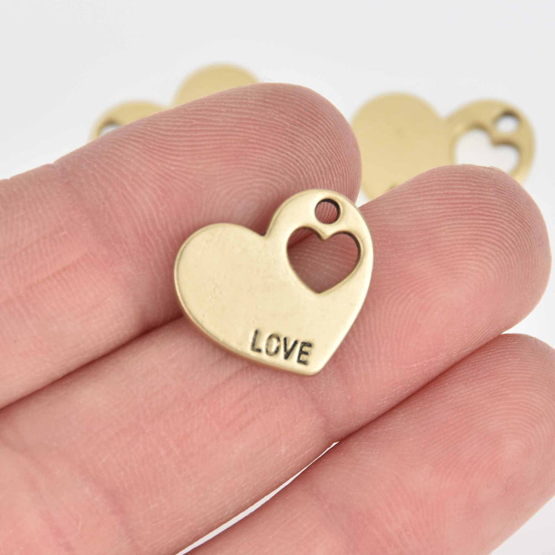 5 Matte Gold Heart Charms, LOVE Valentines Day Charms, 18mm, chs7516