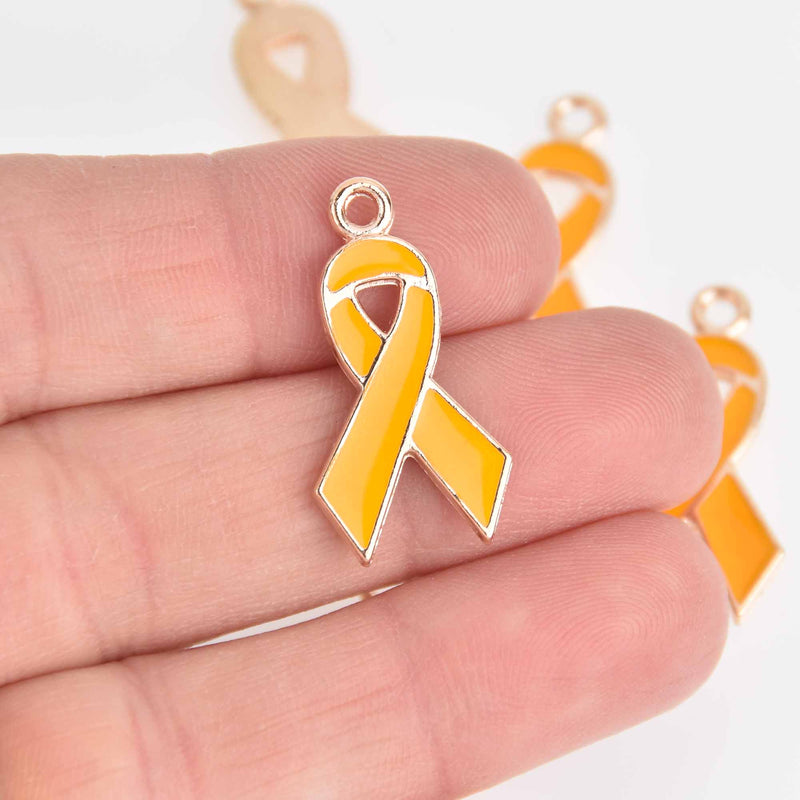 10 Yellow Awareness Ribbon Charms, Gold Plated with Enamel, 28mm, chs7517