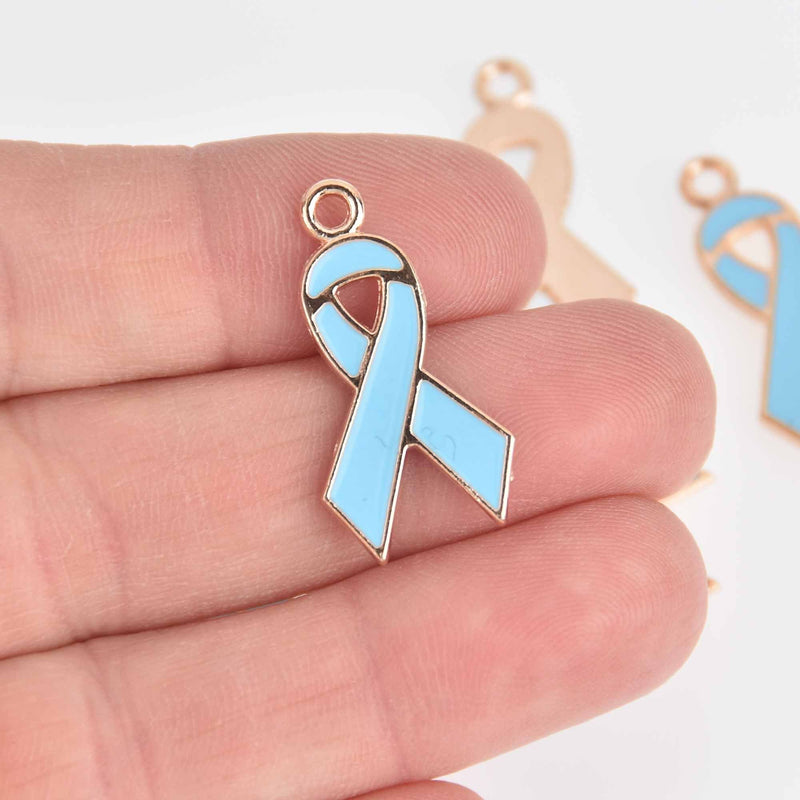 10 Blue Awareness Ribbon Charms, Gold Plated with Enamel, 28mm, chs7518