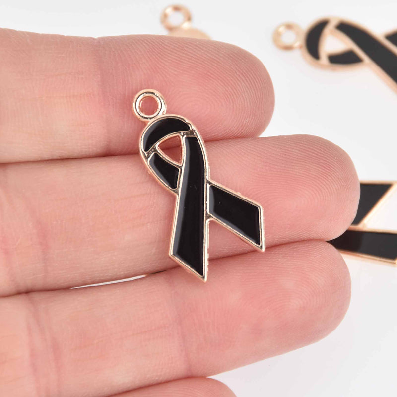 10 Black Awareness Ribbon Charms, Gold Plated with Enamel, 28mm, chs7519