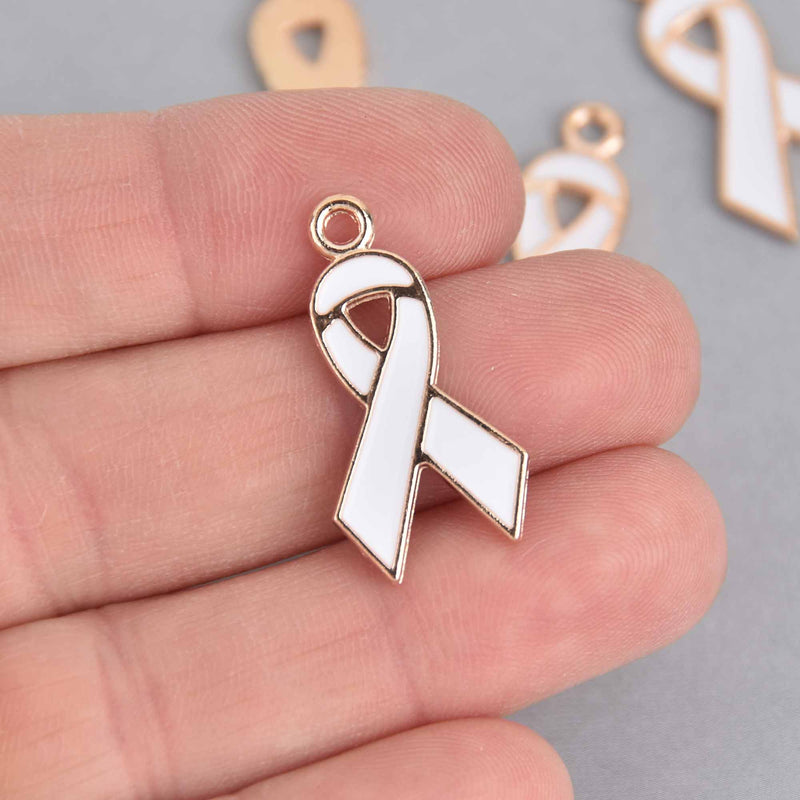 10 White Awareness Ribbon Charms, Gold Plated with Enamel, 28mm, chs7520