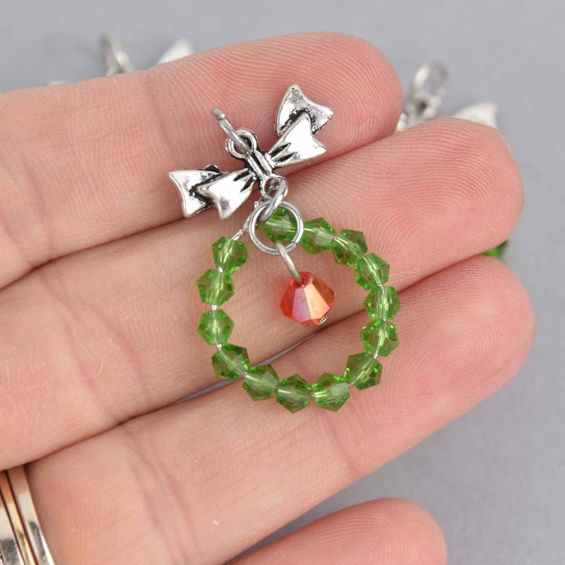 2 Christmas Wreath Charms, Green Crystals, 37mm, chs7527