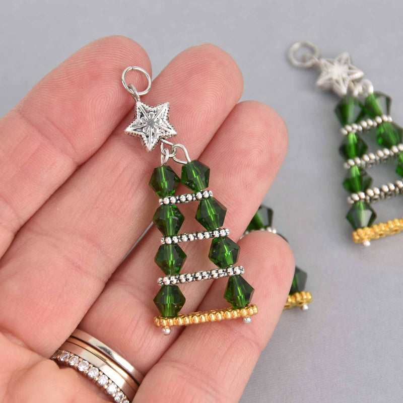 2 Christmas Tree Charms, Green Crystals, 52mm, chs7528