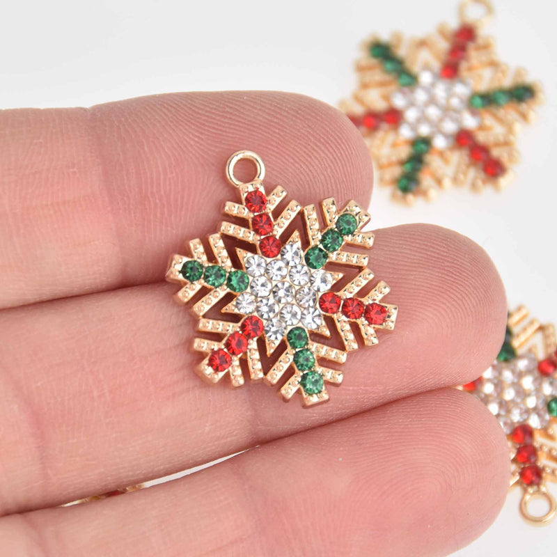 5 CHRISTMAS SNOWFLAKE Charms, Gold Plated with enamel and rhinestone accents, 24mm, chs7529