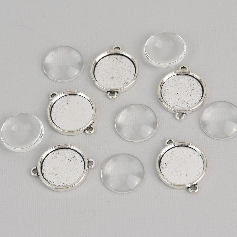 10 sets Silver Charms Glass Cabochon Kits, 20mm Bezel Tray chs7530