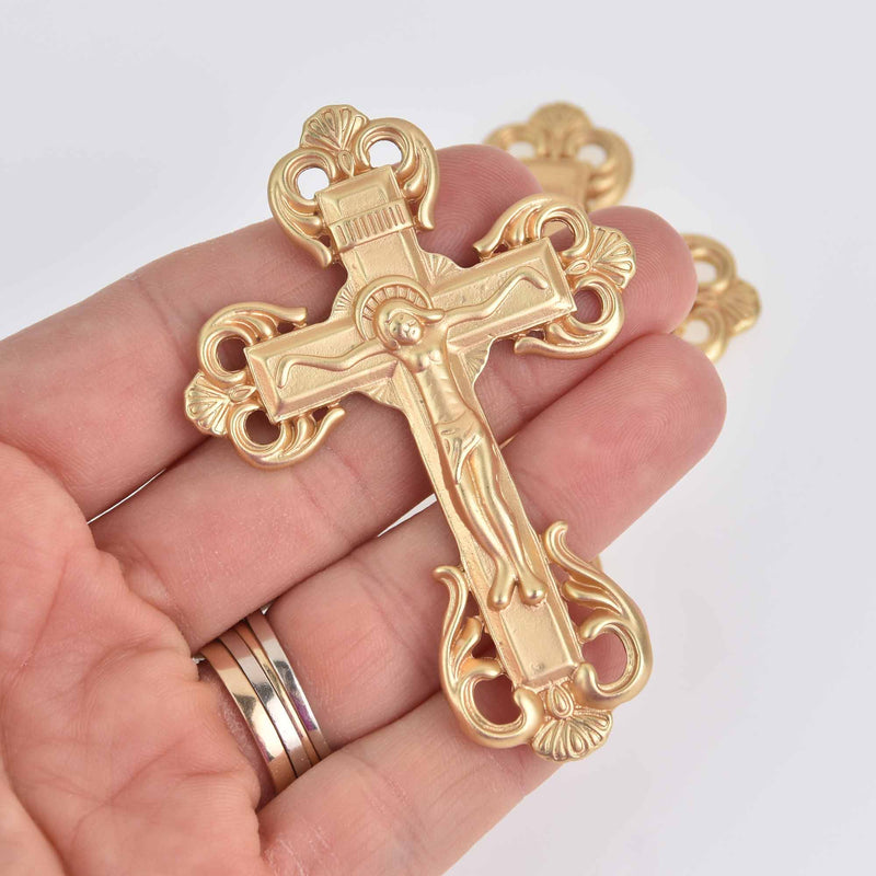 2 Large Crucifix Cross Charms, Light Gold, Matte Satin, 3-1/8", chs7533