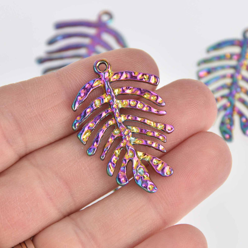 4 Monstera Leaf Charms, Rainbow Patina Hammered Metal, 1.5" long, chs7534