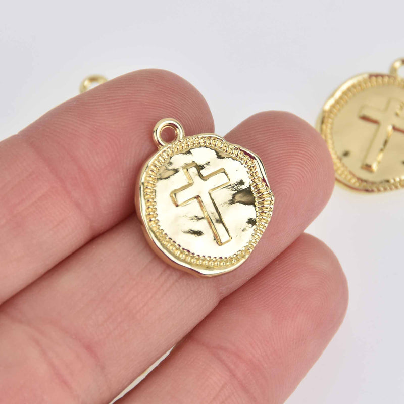 10 Bright Gold Cross Charms, Bright Gold with wax seal, round coin, 22x19mm, chs7536