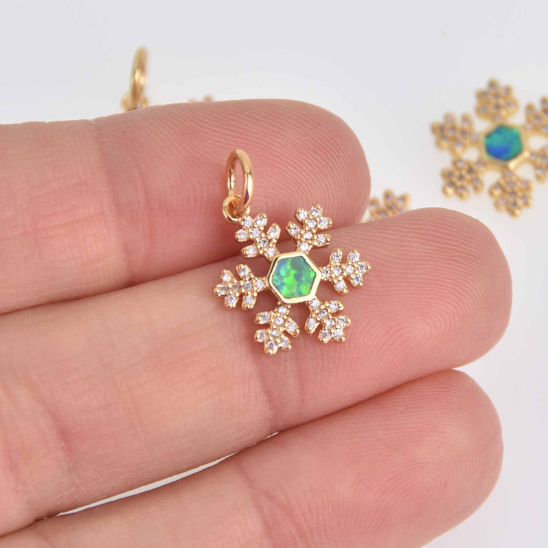 Gold SNOWFLAKE Charm, Micro pave faux opal and CZ cubic zirconia, platinum plated, 13mm, chs7537